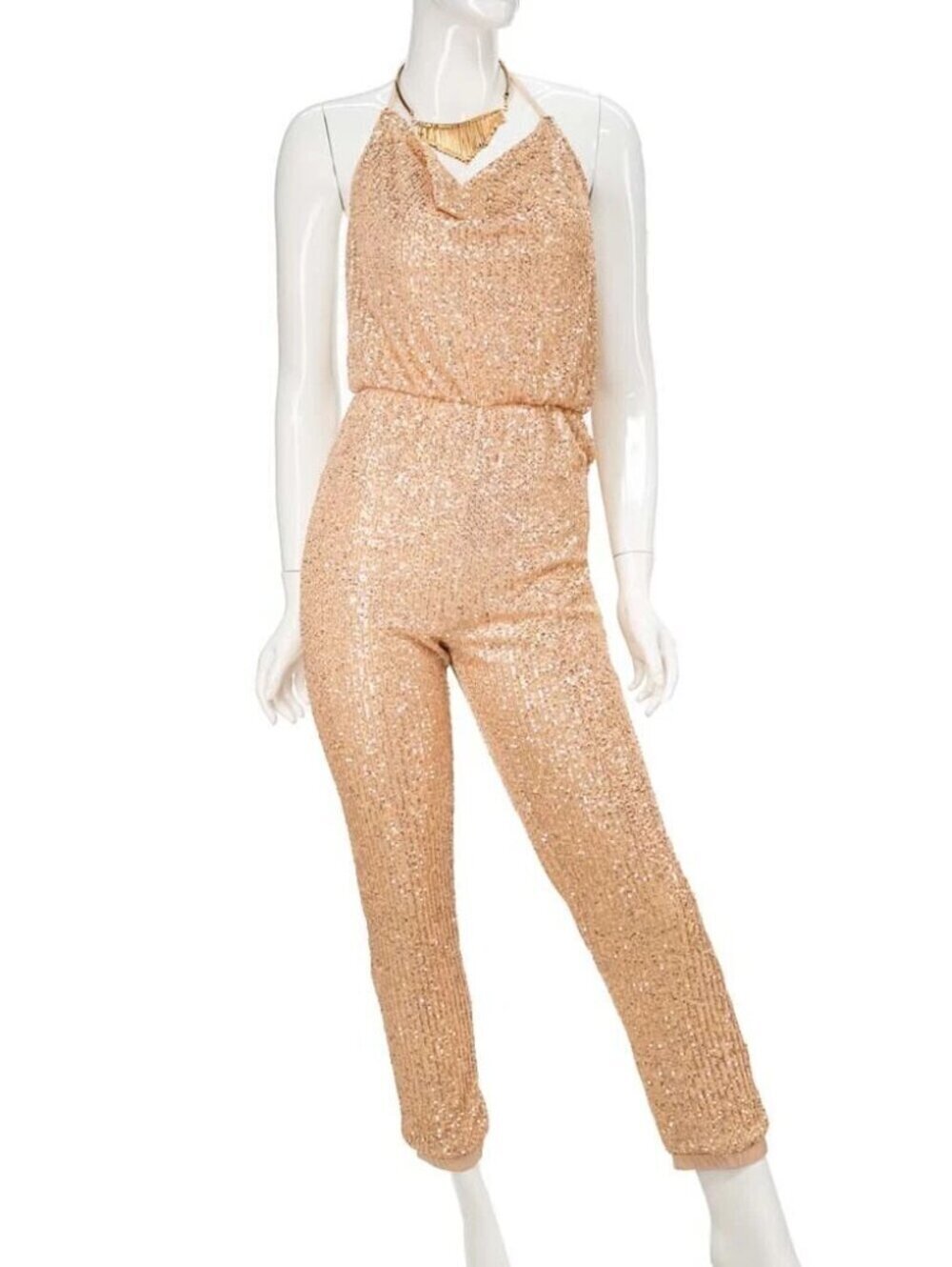 New 1724-FATE CHAMPAGNE SEQUIN Cowl Neck JUMPSUIT large